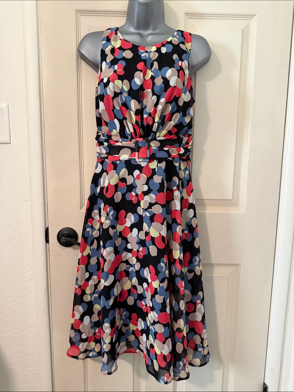 Sleeveless Belted Polka Dot Midi Dress - Navy with Red, Blue & Cream